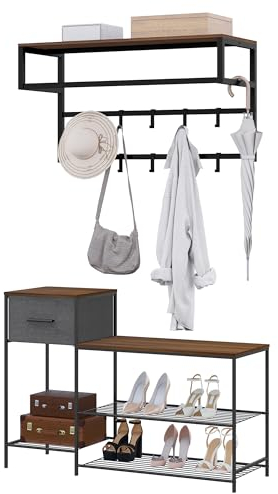 eSituro Garderobe Schuhregal Set, Wandgarderobe mit Ablage 10 Haken, 5 Ebenen Schuhschrank mit Schublade, Flurgarderobe Wandregal Industrie, Metall Holzwerkstoff, Schwarz + Vintagebraun