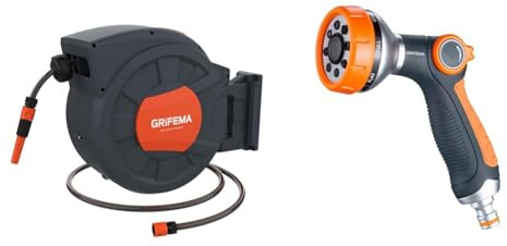 GRIFEMA G301-35, Enrouleur Tuyau Arrosage Mural 35m+2m, Rotation à 180 °, Complet avec Pistolet & GE1303 Pistolet arrosage du jardin 8 modèles réglables, pulvérisateur multifonctionnel