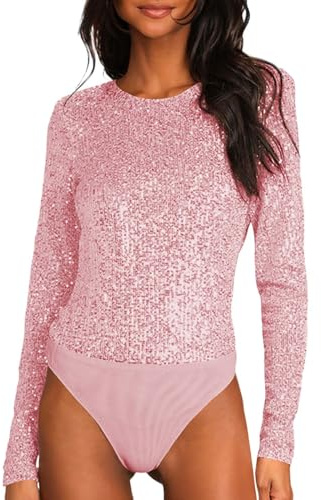 Pailletten Body Damen Elegant Elegant Silvester Langarmbody Blusenbody Lang Stretch Long Sleeve Body Bodysuit Party Langarm Stringbody Tops Karneval Kostüm Bodysuit Tanz-Body Shapewear Formende