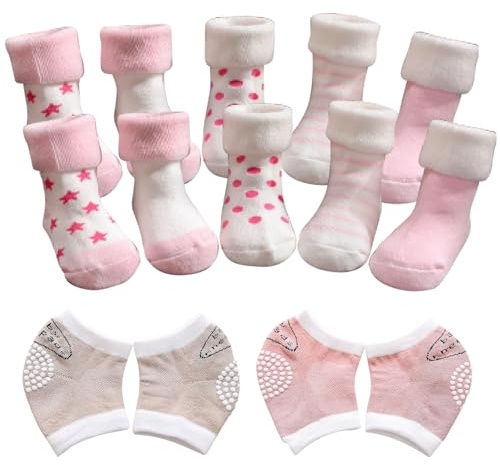 TYXHXTF 5er Pack Baby Socken, 2 Paar Baby-Knieschützer Rutschfeste mit Gummipunkten, Dicke Winter Thermosocken für Jungen und Mädchen 1-3 Jahre (Rosa)