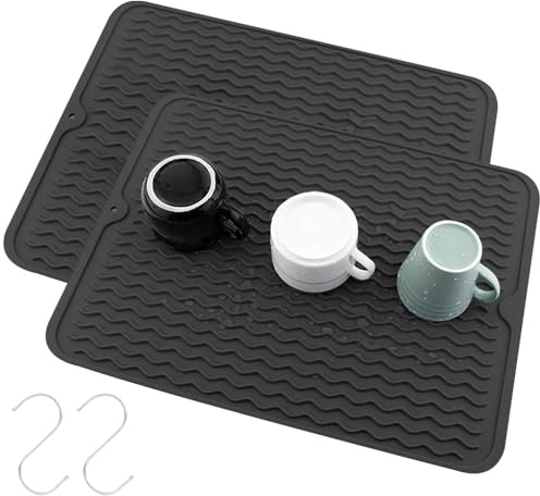 Abtropfmatte Geschirr, 2 Stück Abtropfmatte aus Silikon, 40x30CM Abtropfunterlage Tischset Mit Haken für Bar Club Küche Café(Schwarz,Grau)