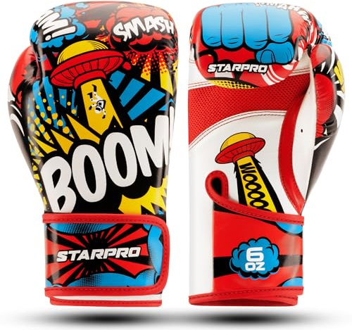 Starpro boxningshandskar för barn Serietidningsdesign Lätta och bekväma handskar för nybörjare med PU-rem, ventilerande mesh och mjuk skyddande vaddering Babyblå 4 oz 6 oz (‎Baby blå, 6oz)