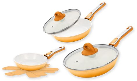 Genius Cerafit Revolution Keramik-Pfannenset 7-teilig, 20 cm + 24 cm + 28 cm, Antihaftbeschichtung, ThermoSpeed-Induktions-Technologie, Vlies Einler inklusive, Orange