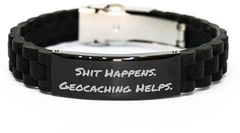 Geocaching Enthusiast Funny Gift: Adjustable Glide lock Clasp Black Stainless Steel Silicone Geocaching Accessories for Birthday Unique Gifts from Adventurers to Geocaching Lovers
