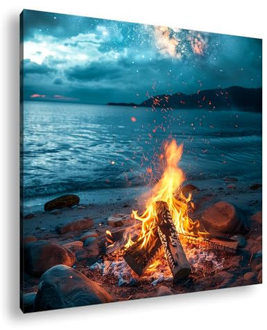 deyoli Feu de camp sur la plage, des étincelles dansant sous les étoiles. Format : 60 x 60 cm XXL Impression d'art Motif sur cadre en bois/toile murale/décoration de salon