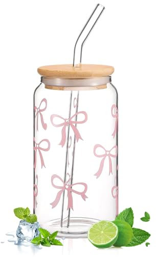 Connextion Glas Trinkbecher Mit Deckel Und Strohhalm, Eleganter 16 Oz Glas Tumbler, Rosa Schleife Glasbecher, Vielseitiges Trinkglas für Bubble Tea Kaffee Cocktail Eiskaffee Matcha Cocktail