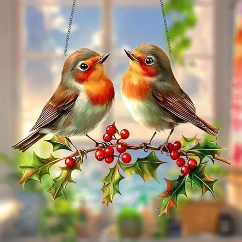 Atrapasueños de acrílico colgante para jardín, acebo con bayas, 20 cm de ancho en cadena, doble cara