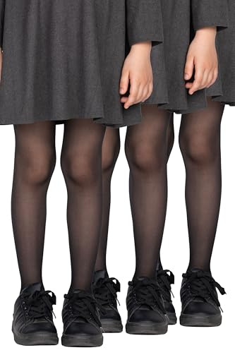 LORES 3-Pack Girls Tights Plain School Semi Sheer Pantyhose Classic Footed Dance Ballet Stockings Everyday 20 DEN Tonia, Nero 9-10 years