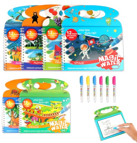 TINGTING Wassermalbuch Set 6 Stück – Wasser Malbuch mit Wasserstift, Wiederverwendbares Magic Wassermalbuch ab 2, Water Wow Malbuch für Kinder, Malbuch Wasserstift Dinosaurier & Tiere