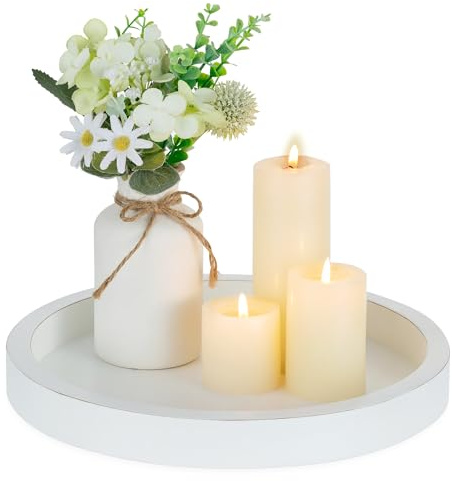 Hanobe Deko Wohnzimmer Tablett Rund Holztablett Weiß für Schlafzimmer | Modern Serviertablett für Badezimmer, Weiss Holz Dekotablett 28cm für Tisch Deko