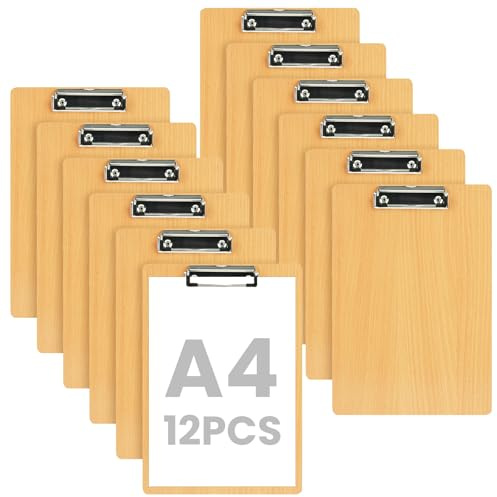 OFFCUP Klemmbrett A4 Holz, 12 Stück Klemmbretter mit Metalklemme Clipboard Schreibbrett A4 Hartplatten-Klemmbrett Zwischenablage für Büro, Täglichen Besorgungslisten, Restaurant, Schule