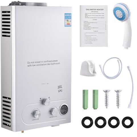 Scaldabagno a Gas GPL 16L - Scaldabagno istantaneo da 32 kW con Display Digitale MultiprotezioneScaldabagno Istantaneo senza serbatoio a parete con kit doccia, per campeggio, caravaning, uso domestico
