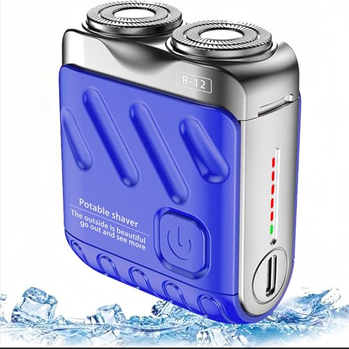 Mini Electric Shaver, Men's Electric Mini Shaver, USB Rechargeable IPX7 Waterproof, New Mini Beard Shaver and Portable Suitcase Design, Luggage Electric Shaver,Double-Ring Magnetic Blade（Blue）