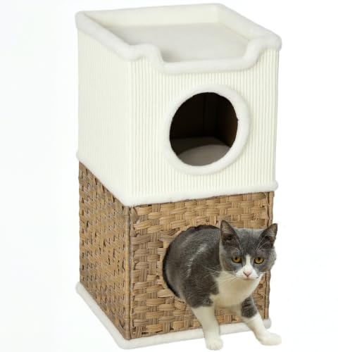 PawHut Niche pour Chat d'intérieur 3 Niveaux 41 x 41 x 75,5 cm Crème | Plateau Supérieur Ouvert, Tour Griffoir pour Chat, Tonneau à Gratter en Sisal, pour Animaux jusqu'à 6 kg