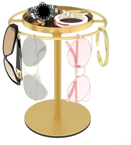 Drehbarer Brillenständer, 360° drehbarer Metall-Sonnenbrillen-Organizer mit herausnehmbarem Tablett, Heimbüro-Dekor, Geschenke für Damen und Herren (Gold)