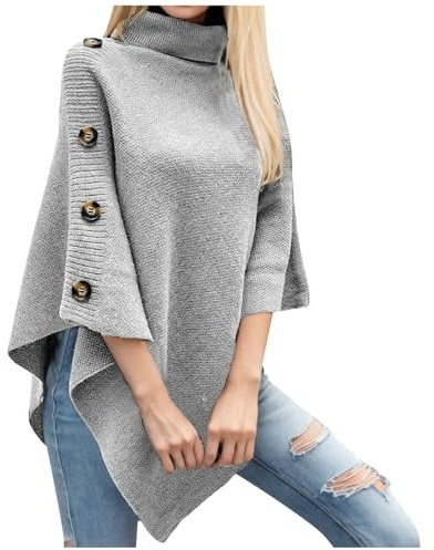 Generisch Poncho pour femme - Manteau d'hiver en tricot avec boutons - Cape chaude et élégante - Col roulé - Cardigan uni - Veste thermique - Veste de loisirs - Pull d'extérieur tendance, gris, taille