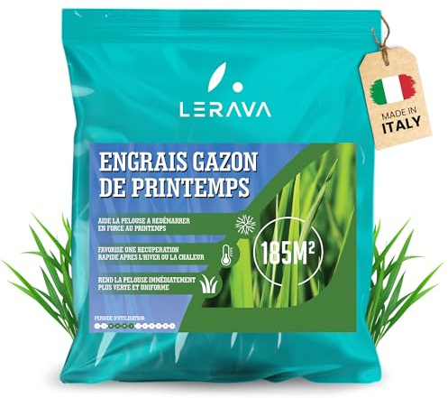 LERAVA abono césped primavera (185 m²) - fertilizante césped liberación lenta - abono con protección fúngica y efecto duradero - fortalece el prado y realza su color verde intenso - 4,6 kg