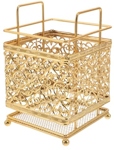 Porta Brochas de Maquillaje de Metal Dorado, Organizador | Amplio Espacio Interior, Limpieza Sencilla, Diseño Vintage para Tocador y Baño, Uso sobre Encimera