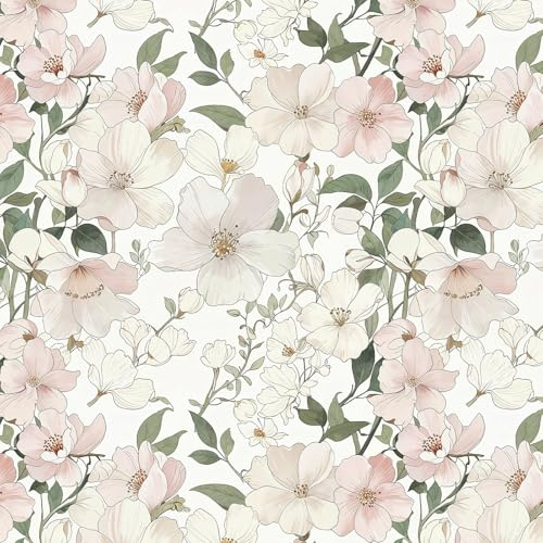 Peel and Stick Floral Wallpaper Soft Pink Botanical Flower Pattern, Vintage Farmhouse Self Adhesive Vinyl Wallpaper, Removable Sticky Back Plastic for Bedroom, Living Room & Cabinets 44cm x 300cm