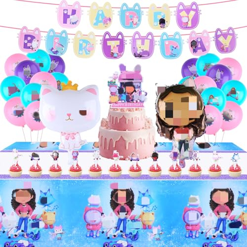 Cartoon Luftballons Geburtstag Dekoration Set 47 Stück Kinder Luftballon Geburtstag Kit mit Happy Birthday Banners Folienballons Thema Cupcake Toppers, Mädchen Geburtstag Partyzubehör