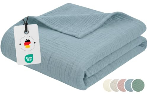 Carpe Sonno Musselin Decke 150 x 200 cm – leichte Sommerdecke Blau | Musselindecke als Tagesdecke, Sofadecke & Kuscheldecke | Oeko-Tex zertifiziert | flauschig-weich | Sommer & Übergang