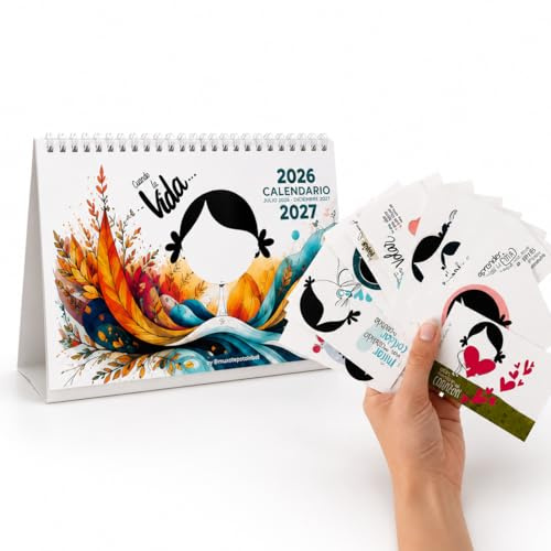 MUXOTE - Calendario de Sobremesa, Mesa y Escritorio 2026 2027, 18 Meses Julio 2026-Diciembre 2027, A5 Apaisado, Curso Escolar, Frases Bonitas, Regalo con 15 Tarjetas Emocionales Dobles por Unidad (1)