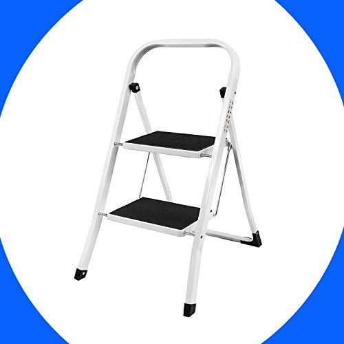 Sicherheits-Tritthocker | 2-Stufenleiter | tragbare, faltbare Trittleiter | rutschfeste Füße, starker stabiler Stahl, max. 150 kg Kapazität, ideal für Zuhause/Küche/Garage, Schwarz