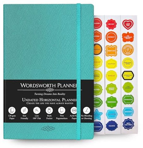 Planificador semanal y mensual sin fecha de Wordsworth planificador con tapa dura y páginas en blanco punteadas, planificador semanal sin fecha, papel A5 de primera calidad (120 g/m²), anuales