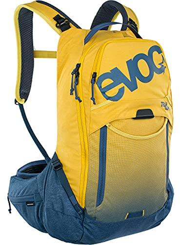 EVOC TRAIL PRO 16l Protektor Rucksack für Tagestouren & Trailriding, Fahrradrucksack (Backpack mit LITESHIELD PLUS Rückenprotektor, extra leicht, 3l Trinkblasenfach, Größe: L/XL), Curry/Denim