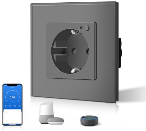BSEED Enchufe Inteligente Con Cristal,WIFI Enchufes de pared Con Medidor de Energía,Control Remoto y Temporizador,Requiere Cable Neutro,1 Enchufe WiFi con Medición,86mm Gris