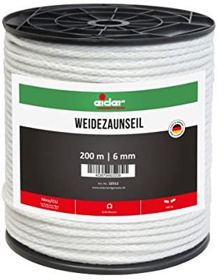 Eider Weidezaunseil, 6 mm Ø, weiß - 200 m Rolle - sehr Gute Leitfähigkeit von nur 0,06 Ohm/m - Leiterbündelung durch Verflechtung - Made in Germany (1 Rolle)