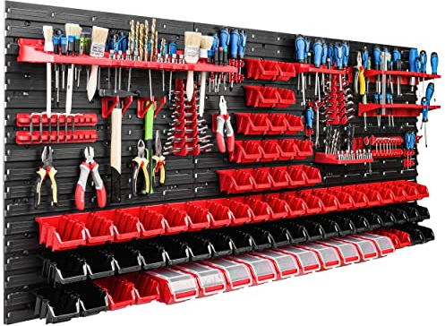 Lagersystem Werkstattregal | 172 x 78 cm | 74 stck. Box | Wandregal mit Werkzeughalterungen und Stapelboxen - Wandplatten Extra Starke Schüttenregal Warkzeuglochwand Lagerregal Garage Regal