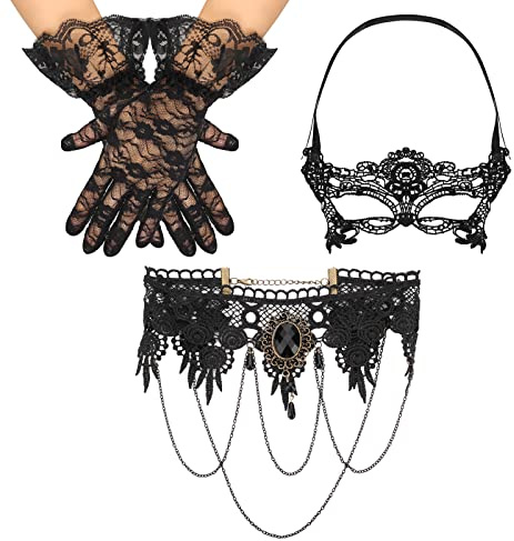 Yolev 3 Pièces Vénitien Dentelle Gants Masque Collier Ensemble Femme Sexy Dentelle Accessoires pour Halloween Fête de Pâques Mascarade