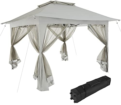 tectake® Gazebo Pieghevole, Padiglione Gazebo da Esterno con 4 Zanzariere Removibili, Sistema a Doppio Tetto, Resistente ai Raggi UV, Borsa Inclusa, 364x364x29 cm - Grigio