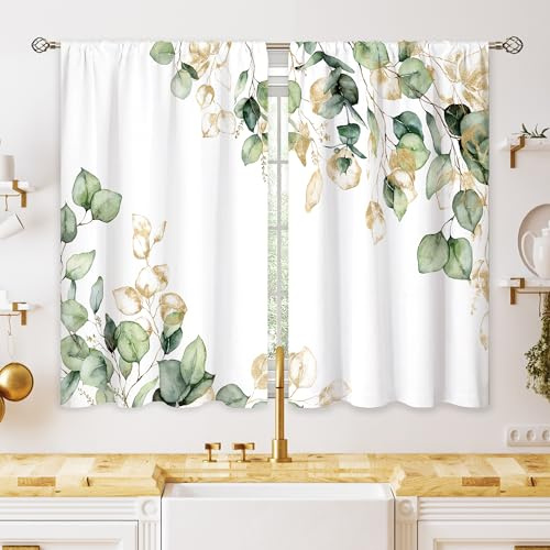 oolygoo Green Gold Leaf Botanical Small Kitchen Curtains Window Treatment Plant Eucalyptus Cafe Short Window Curtains for Bathroom Dining Laundry Room Spring Tier Treatment Drapes 27.5x39 inch