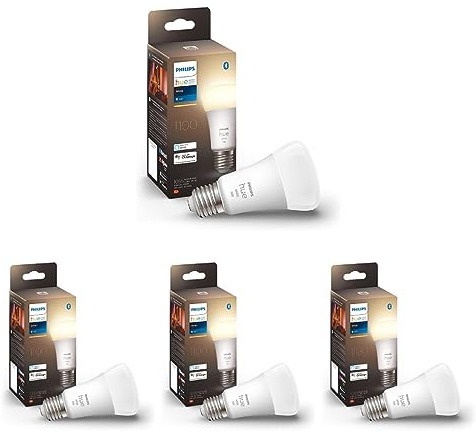 Philips Hue White E27 Einzelpack 1055lm, warmweißes Licht, dimmbar, steuerbar via App, kompatibel mit Amazon Alexa (Echo, Echo Dot) (Packung mit 4)