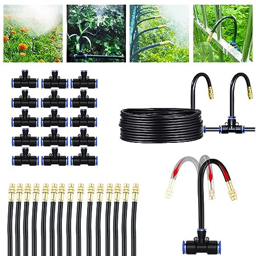49.21Ft Greenhouse Drip Irrigation Kit Automatic Irrigation System 360°Adjustable 15 Brass Spray Nozzles 8mm Irrigation Tubing Hose Patio Misting Plant Watering with Blank Distribution Tubing Hose