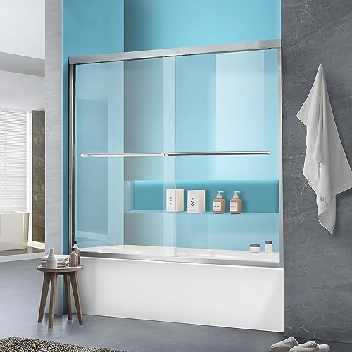 Bathtub Shower Door, 56-60 W×58 H Framed Double Sliding Glass Shower Door for Bathroom, 1/4(6mm) Thick Clear Tempered Glass Door with Handles, Brushed Silver Finish