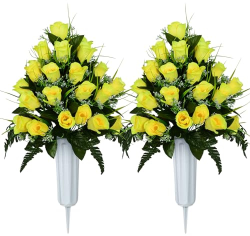 XONOR Artificial Cemetery Flowers, Grave Decorations Roses, Memorial Flowers Bouquet with Cemetery Vase, 2 Sets (Yellow)