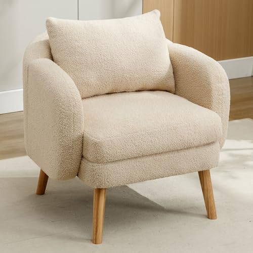 KecDuey Moderner Sessel, Schlichter Teddy-Samtstuhl, Freizeitsessel, Einzelsessel mit Kissen, Sessel mit extra dickem Kissen, Beine aus Massivholz (Beige)