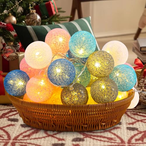 LED Lichterkette Baumwollkugeln mit USB Stecker, 6m 40er Cotton Ball Lichterketten Kugeln Nachtlicht für Weihnachten, Hochzeit, Party, Zimmer, Wohnheim, Innen Deko Party Deko-macaron