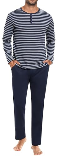 Marvmys Pigiama Uomo Cotone Maniche Lunghe Pigiama a Righe Completo Pigiama Autunnale e Invernale Pigiama Set Due Pezzi Pantaloni Pigiama con Tasche Grigio Scuro L