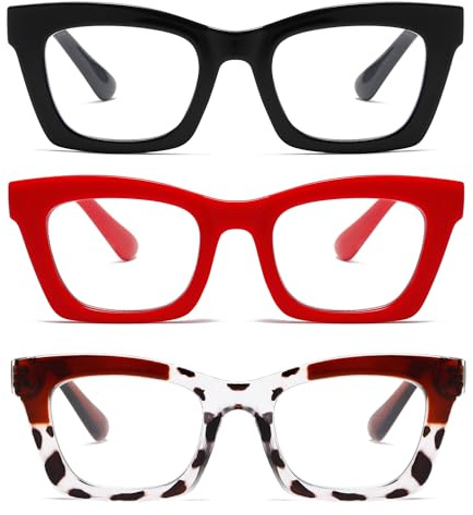 Hubeye Gafas de lectura para Mujeres de Moda Anteojos de lectura con Bisagra de resorte ultraligeras anti luz azul (Negro+Leopardo Marrón+Rojo, 2.00)