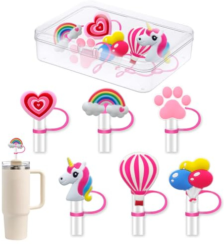 Jatidne 6pcs Straw Cover Cap for Stanley Cup, Pink Reusable Silicone Straw Toppers with Storage Box for Girls Women 10mm