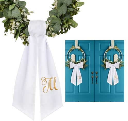 2 Pack Wreath Sash for Front Door Monogrammed Embroidery Wreath Sash for Boxwood Front Door Porch Wreath Garland Decor(Letter M)