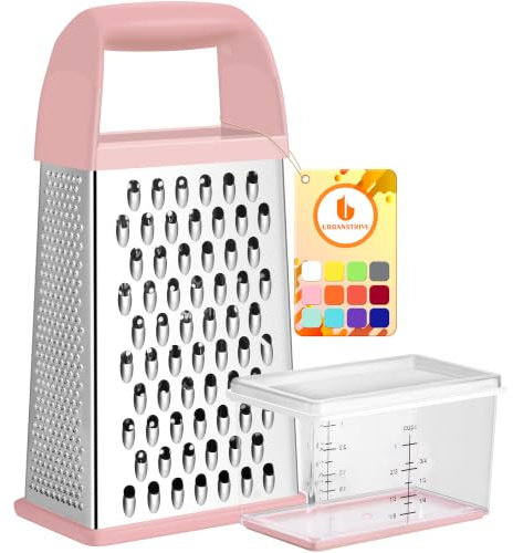 Urbanstrive Cheese Grater With Container, Professional Cheese Grater with Handle, Stainless Steel Graters for Kitchen Handheld, Box Grater with 4 Sides for Vegetables, Ginger, Potatoes (Pink)