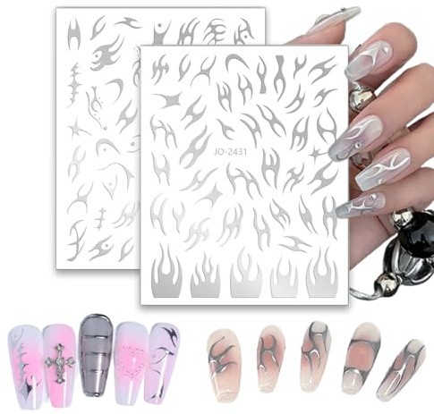Nagelklistermärken spegel spikflammor nagelklistermärken – Hot Foil silver iridescent – oregelbunden metall nageldekal – nagelkonst & nageldesign – uppsättning med 2 ark – Modern, teknikinspirerad
