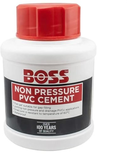 BOSS Non Pressure PVC Solvent Cement 250ml, Plastic Glue for Gap Filling, Waterproof Plastic Weld, Temperature Resistant up to 60°C, Easy Application for Durable Seals.