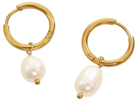 MAJALE - Pendientes Aro con Perla Natural - Pendientes en Acero Inoxidable con Acabado Baño Oro 18Kt - Pendientes Hipoalergénicos - Joyería para mujeres y niñas (Perla Natural)