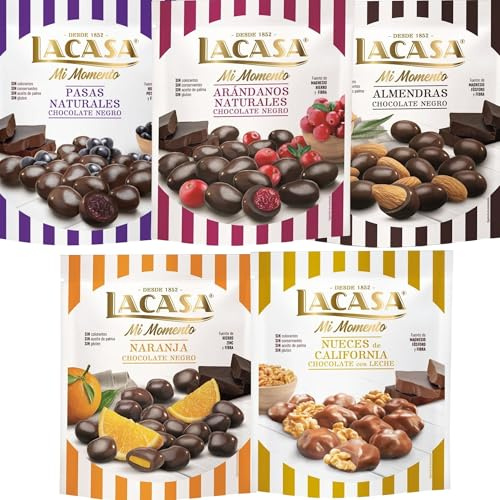 Lacasa Mi Momento pack de 5:Arándano Negro,Nueces Leche 115G,Pasas Negro 150G,Almendra Negro,Naranja Negro